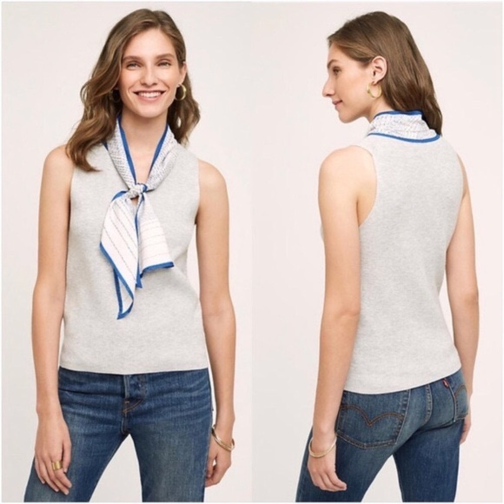 Tie-Neck Sweater Vest with Blue Trim Scarf